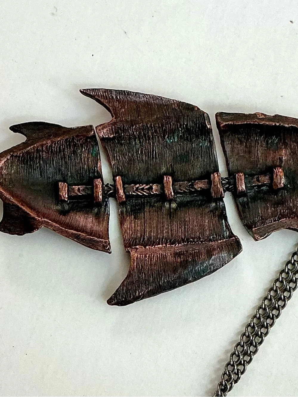 Vintage copper articulated fish pendant
